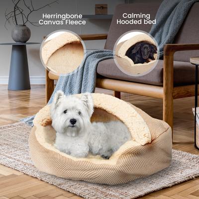 Show full view: Precious Tails Herringbone Canvas Fleece Deep Dish Covered Cat & Dog Bed, Mocha, Small slide 3 of 8