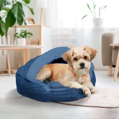 Show full view: Precious Tails Herringbone Canvas Fleece Deep Dish Covered Cat & Dog Bed, Navy, Small slide 6 of 9