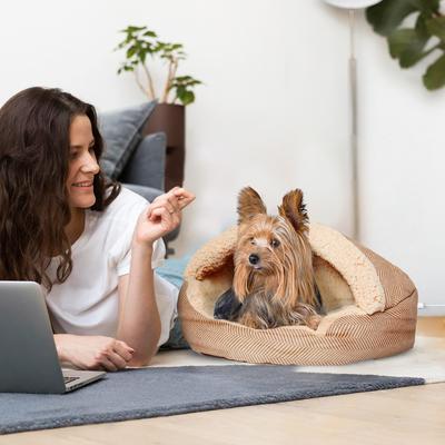 Show full view: Precious Tails Herringbone Canvas Fleece Deep Dish Covered Cat & Dog Bed, Mocha, Small slide 4 of 8