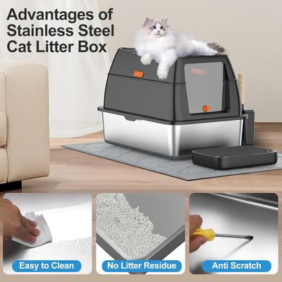 Show full view: Lobeve Stainless Steel Cat Litter Box with Lid, Litter Scoop & Litter Mat, X-Large, Black slide 7 of 11