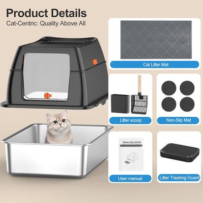 Show full view: Lobeve Stainless Steel Cat Litter Box with Lid, Litter Scoop & Litter Mat, X-Large, Black slide 6 of 11