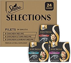 Sheba Selections Filets in Broth Chicken with Tuna & Chicken with Shrimp Variety Pack Grain-Free Cat Meal Complement, 1.3-oz tray, case of 24