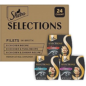 Sheba Selections Filets in Broth Chicken with Tuna & Chicken with Shrimp Variety Pack Grain-Free Cat Meal Complement, 1.3-oz tray, case of 24
