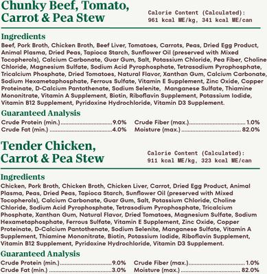 Show full view: Nutro Hearty Stew Variety Pack Chunky Beef, Tomato, Carrot & Pea Stew & Tender Chicken Adult Wet Dog Food, 12.5-oz can, case of 12 slide 7 of 11