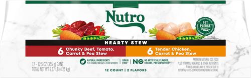 Show full view: Nutro Hearty Stew Variety Pack Chunky Beef, Tomato, Carrot & Pea Stew & Tender Chicken Adult Wet Dog Food, 12.5-oz can, case of 12 slide 3 of 11