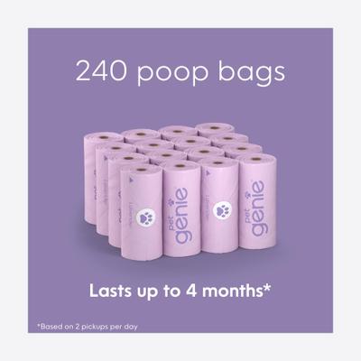 Show full view: Pet Genie Dog Poop Bags, Lavender Scented, 240 count + On the Go Leash Attachment Poop Bag Dispenser slide 3 of 9