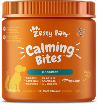 Show full view: Zesty Paws Wild Alaskan Salmon Oil Formula Liquid Skin & Coat Supplement, 32-oz bottle + Hemp Calming Bites Peanut Butter Flavored Soft Chews Composure & Relaxation Supplement for Dogs, 90 count slide 6 of 9