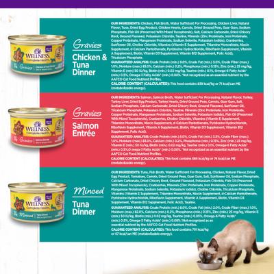 Show full view: Wellness Complete Health Tasty Textures Variety Pack Natural Salmon, Tuna & Chicken Recipes Wet Cat Food, 3-oz can, case of 12 slide 9 of 12