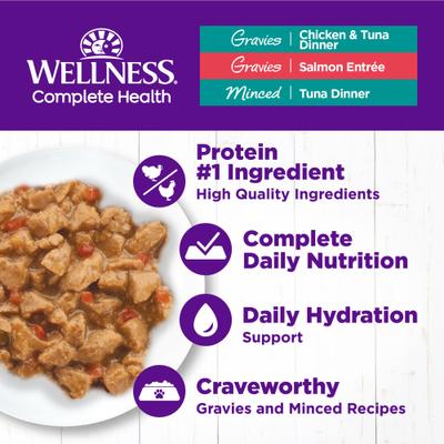 Show full view: Wellness Complete Health Tasty Textures Variety Pack Natural Salmon, Tuna & Chicken Recipes Wet Cat Food, 3-oz can, case of 12 slide 4 of 12