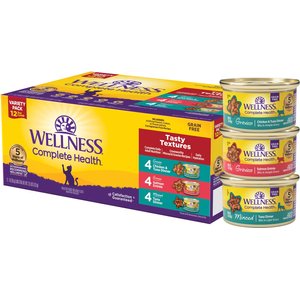 Wellness Complete Health Tasty Textures Variety Pack Natural Salmon, Tuna & Chicken Recipes Wet Cat Food, 3-oz can, case of 12