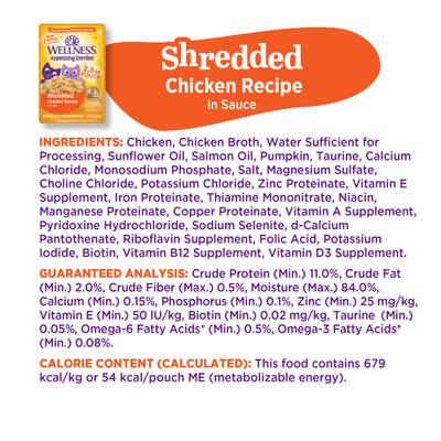 Show full view: Wellness Appetizing Entrees Shredded Chicken Recipe in Sauce Natural Wet Cat Food, 2.8-oz pouch, case of 8 slide 10 of 12