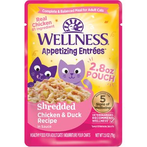 Wellness Appetizing Entrees Chicken & Duck Natural Grain-Free Shredded Wet Cat Food, 2.8-oz pouch, case of 8
