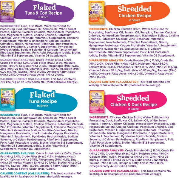 Show full view: Wellness Appetizing Entrees Shredded & Flaked, Seafood & Poultry Variety Pack, Natural Wet Cat Food, 2.8-oz pouch, case of 8 slide 10 of 12