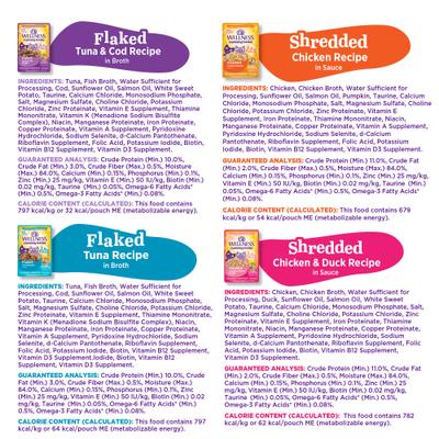 Show full view: Wellness Appetizing Entrees Shredded & Flaked, Seafood & Poultry Variety Pack, Natural Wet Cat Food, 2.8-oz pouch, case of 8 slide 10 of 12