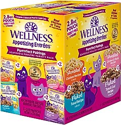 Wellness Appetizing Entrees Shredded & Flaked, Seafood & Poultry Variety Pack, Natural Wet Cat Food, 2.8-oz pouch, case of 8