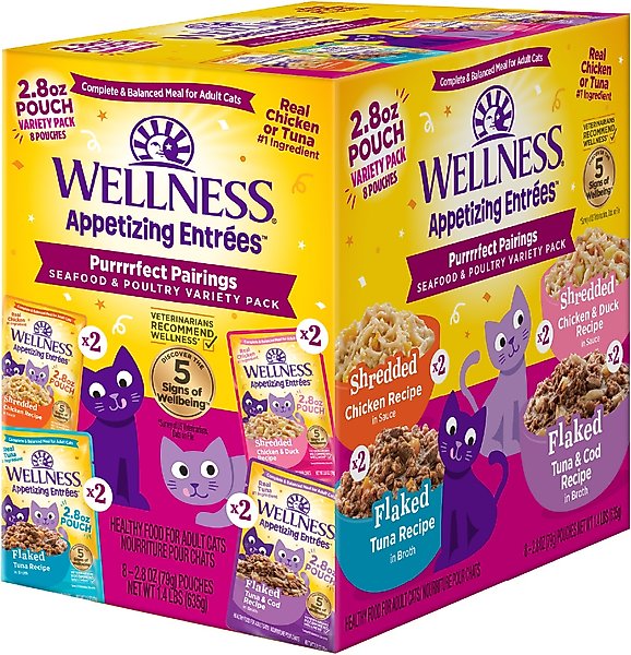 Show full view: Wellness Appetizing Entrees Shredded & Flaked, Seafood & Poultry Variety Pack, Natural Wet Cat Food, 2.8-oz pouch, case of 8 slide 1 of 12