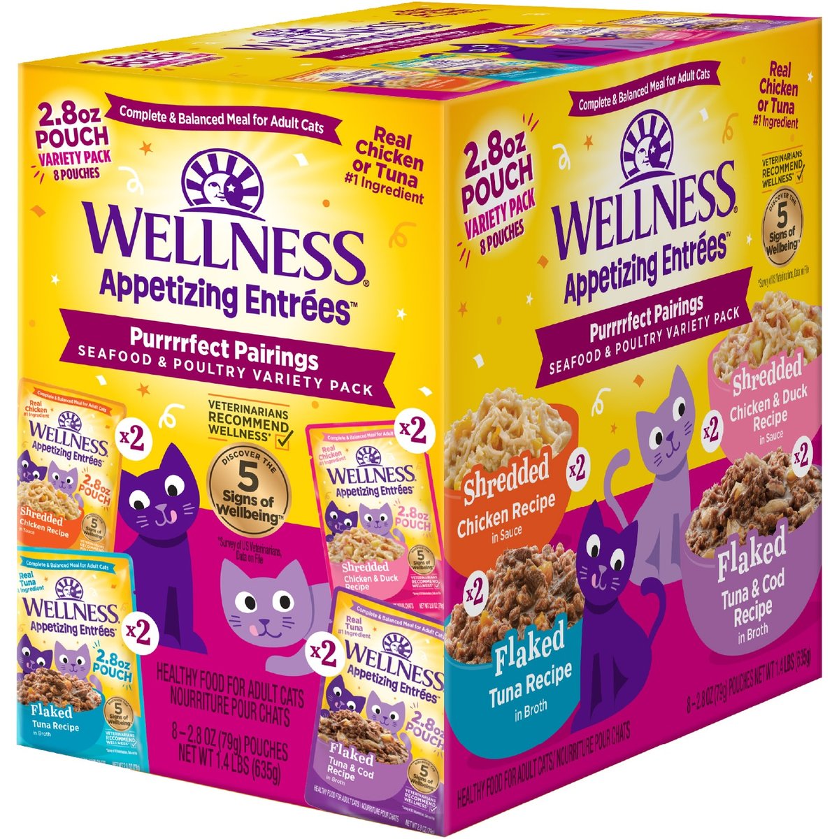 Wellness Appetizing Entrees Shredded & Flaked Seafood & Poultry Variety Pack Natural Grain-Free Wet Cat Food, 2.8-oz pouch, case of 8