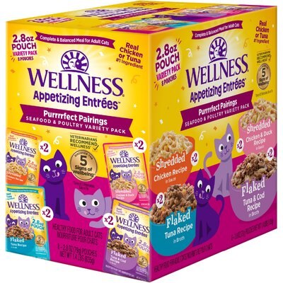 Wellness Wellness Appetizing Entrees Shredded & Flaked Seafood & Poultry Variety Pack Natural Grain-Free Wet Cat Food, 2.8-oz pouch, case of 8