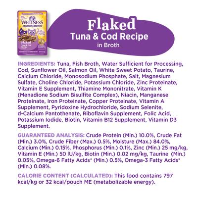 Show full view: Wellness Appetizing Entrees Tuna & Cod Natural Grain-Free Flaked Wet Cat Food, 2.8-oz pouch, case of 8 slide 10 of 12