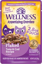 Wellness Appetizing Entrees Tuna & Cod Natural Grain-Free Flaked Wet Cat Food, 2.8-oz pouch, case of 8