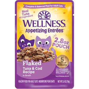 Wellness Appetizing Entrees Tuna & Cod Natural Grain-Free Flaked Wet Cat Food, 2.8-oz pouch, case of 8