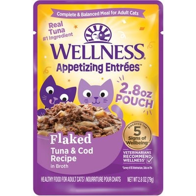 Wellness Wellness Appetizing Entrees Flaked Tuna & Cod Natural Grain-Free Wet Cat Food, 2.8-oz pouch, case of 8
