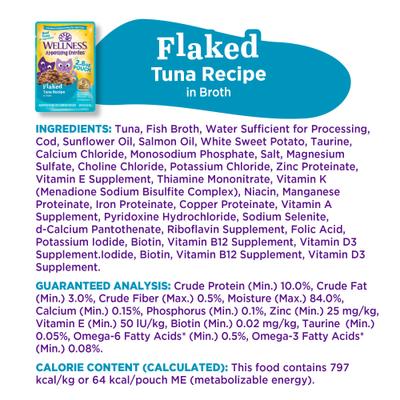 Show full view: Wellness Appetizing Entrees Flaked Tuna Recipe in Broth Natural Wet Cat Food, 2.8-oz pouch, case of 8 slide 10 of 12