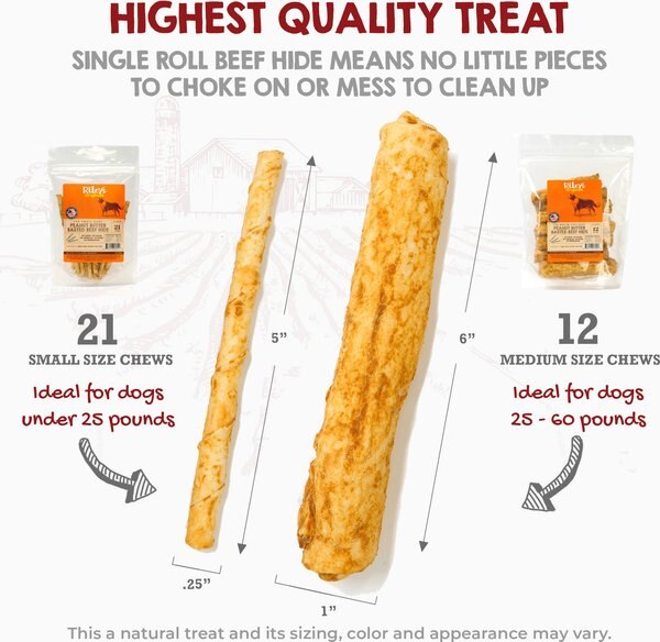 Riley's Peanut Butter Basted Beef Hide Natural Dog Chew Treats, Small, 21 count