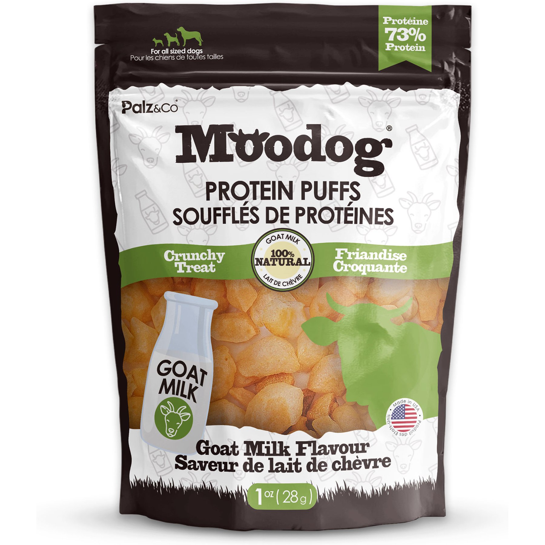 Palz&Co Moodog Beef Protein Puffs Goat Milk Flavor Crunchy Dog Treats, 1-oz bag