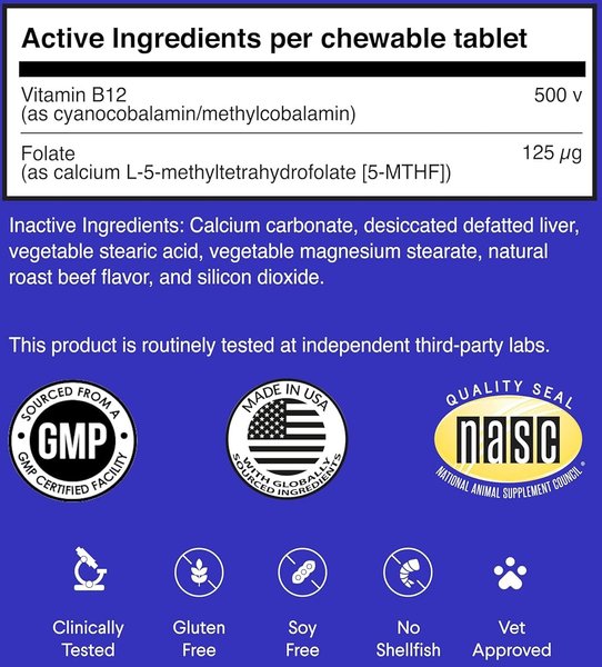 Show full view: Wonder Paws Vitamin B12 Cobalamin & Folate Supplement for Dogs, 90 count slide 4 of 9