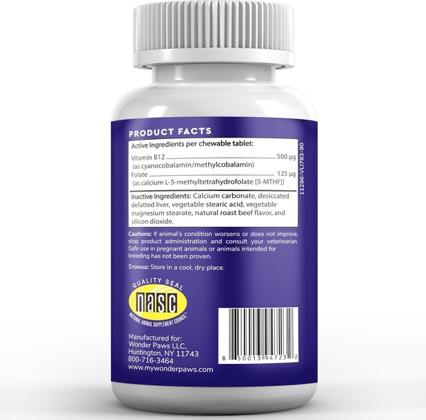 Show full view: Wonder Paws Vitamin B12 Cobalamin & Folate Supplement for Dogs, 90 count slide 2 of 9