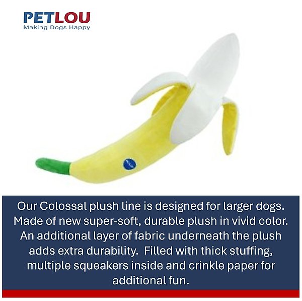 Show full view: Petlou Banana Squeaky Plush Dog Toy, Yellow, 29-in slide 4 of 6
