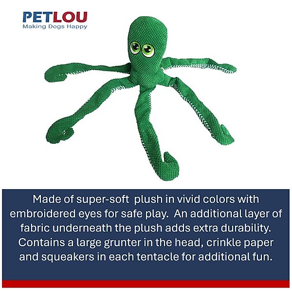 Show full view: Petlou Octopus Squeaky Plush Dog Toy, Green, 28-in slide 4 of 6