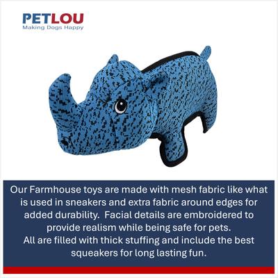 Show full view: Petlou Farmhouse Rhino Squeaky Plush Dog Toy, Blue, 13-in slide 4 of 5