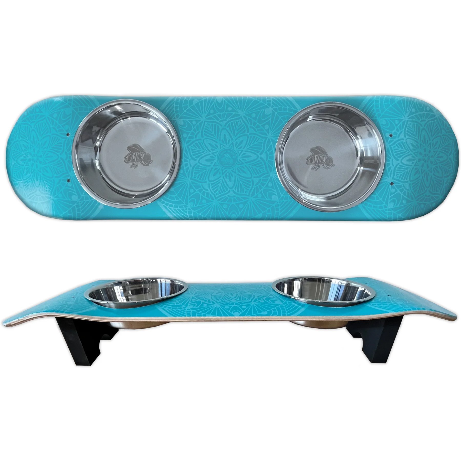 Funky Flies Dream Catcher SkateBowls Stainless Steel Elevated Cat Bowls, 3-cup, Aqua