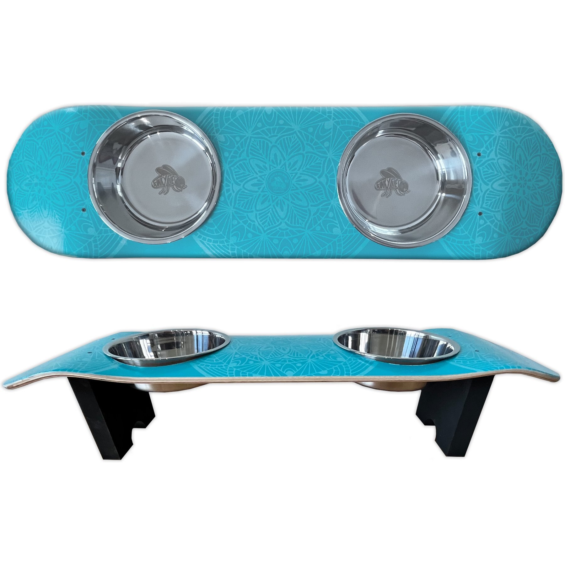 Funky Flies Dream Catcher SkateBowls Stainless Steel Elevated Dog Bowls, 3-cup, Aqua