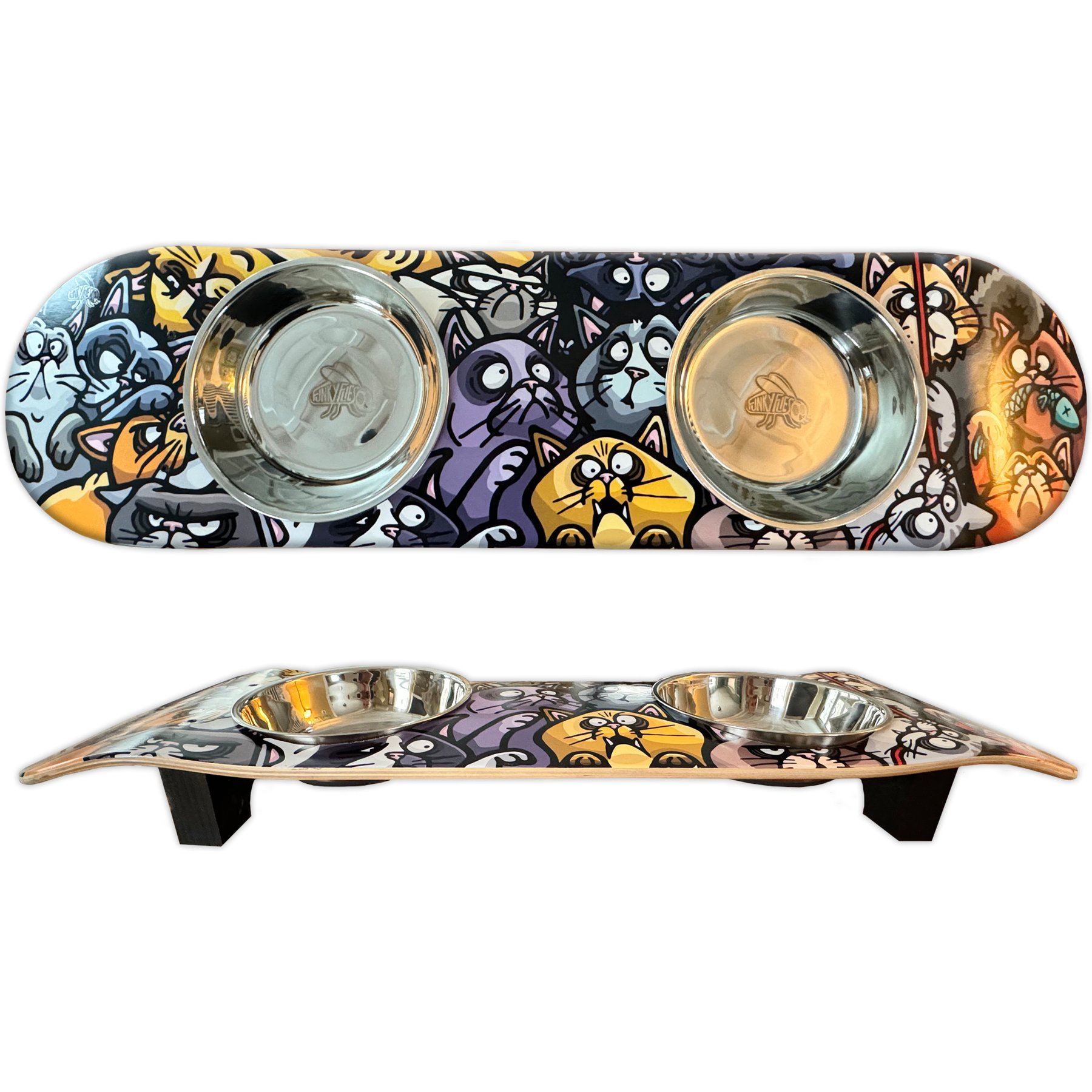 Funky Flies Cat Posse SkateBowls Stainless Steel Elevated Cat Bowls, 3-cup