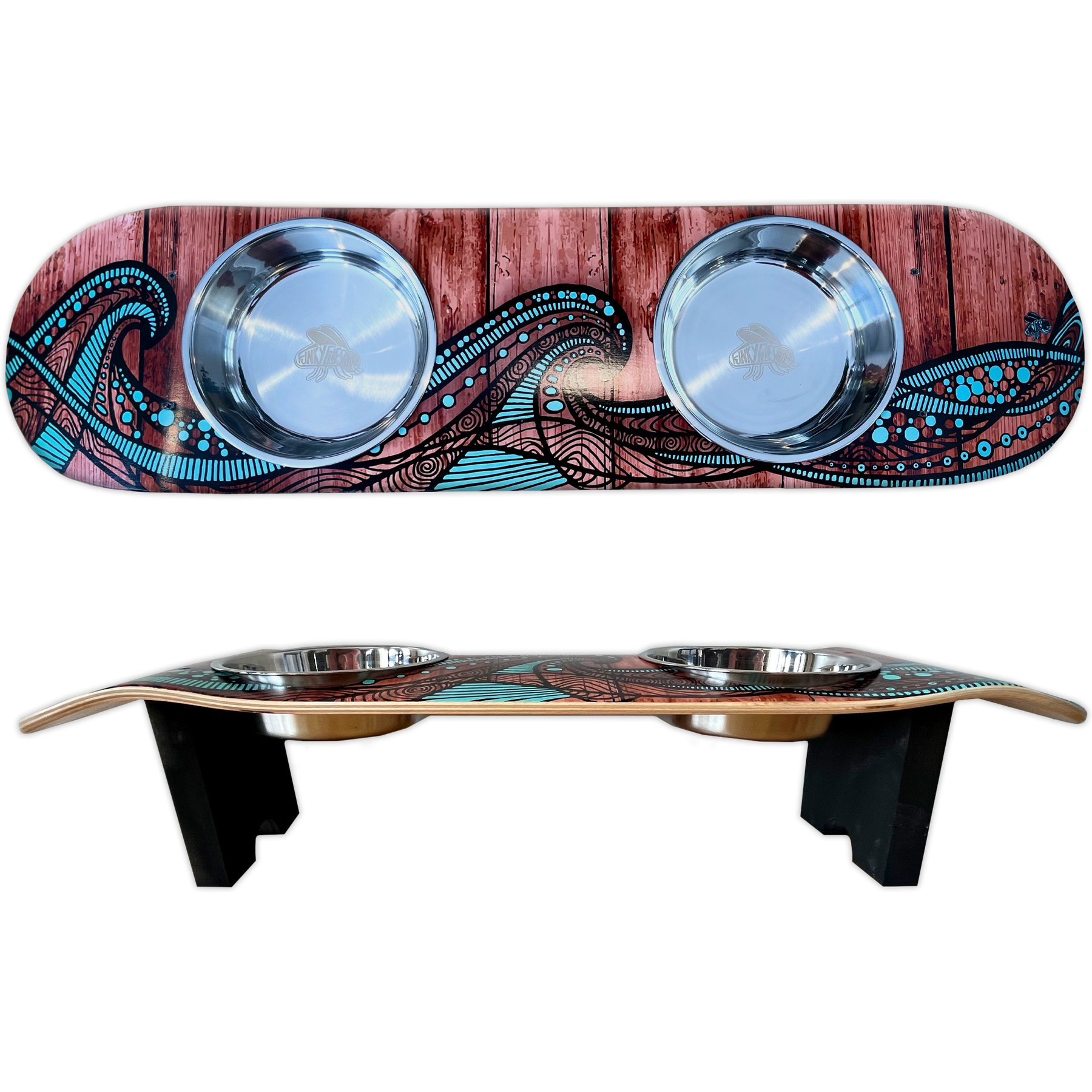 Funky Flies Island Time SkateBowls Stainless Steel Elevated Dog Bowls, 3-cup