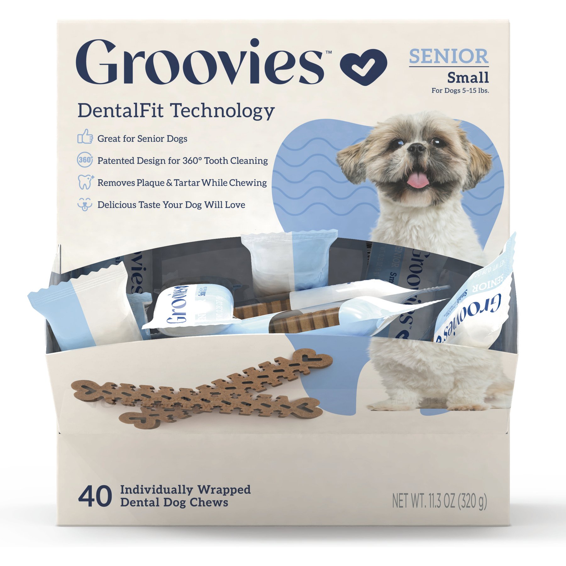 Groovies Senior Small Chicken Flavor Dental Dog Chews, 40 count, individually wrapped