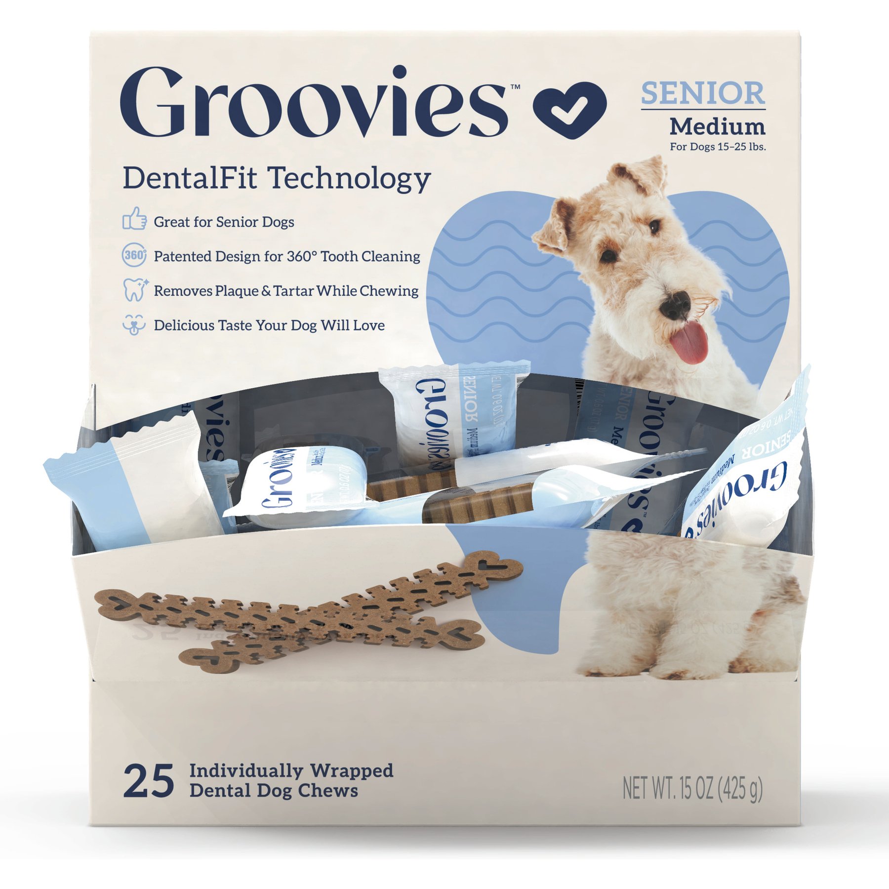 Groovies Senior Medium Chicken Flavor Dental Dog Chews, 25 count, individually wrapped
