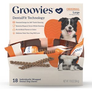 Groovies Original Large Chicken Flavor Dental Dog Chews, 18 count, individually wrapped