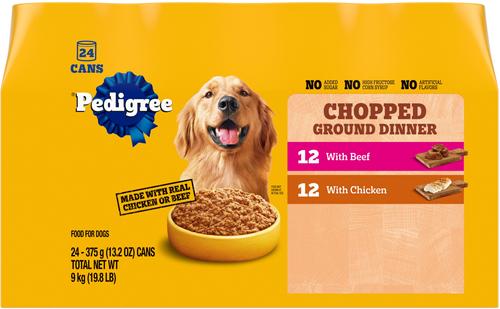 Show full view: Pedigree Chopped Ground Dinner with Chicken & Beef Adult Canned Wet Dog Food Variety Pack, 13.2-oz, case of 24 slide 3 of 12