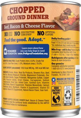 Show full view: Pedigree Chopped Ground Dinner Beef, Bacon & Cheese Flavor Adult Canned Wet Dog Food 13.2-oz, case of 12 slide 3 of 12