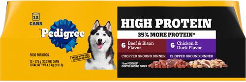 Show full view: Pedigree High Protein Chopped Beef & Bison Flavor & Chopped Chicken & Duck Flavor Adult Canned Soft Wet Dog Food Variety Pack, 13.2-oz can, case of 12 slide 3 of 12