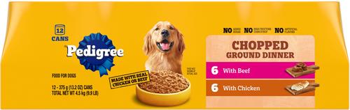 Show full view: Pedigree Chopped Ground Dinner Chicken with Beef Adult Canned Wet Dog Food Variety Pack, 13.2-oz, case of 12 slide 3 of 12