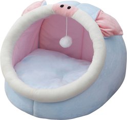 One for Pets Soft Plush Piggy Semi-Enclosed Cat Bed with Teaser, Blue, Large