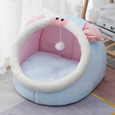 Show full view: One for Pets Soft Plush Piggy Semi-Enclosed Cat Bed with Teaser, Blue, Large slide 2 of 5
