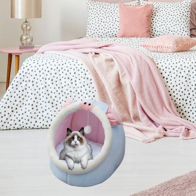 Show full view: One for Pets Soft Plush Piggy Semi-Enclosed Cat Bed with Teaser, Blue, Large slide 4 of 5