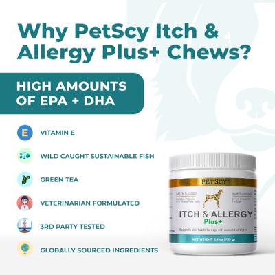 Show full view: PetScy Allergy Itch Relief Plus Bacon Flavored Soft & Chew Supplement for Dogs, 5.4-oz jar, 60 count slide 6 of 7