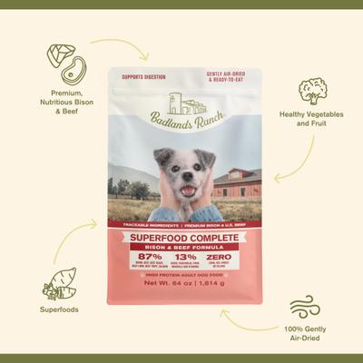 Show full view: Badlands Ranch Superfood Complete Beef & Bison Grain-Free Air-Dried Dog Food, 64-oz bag slide 4 of 8